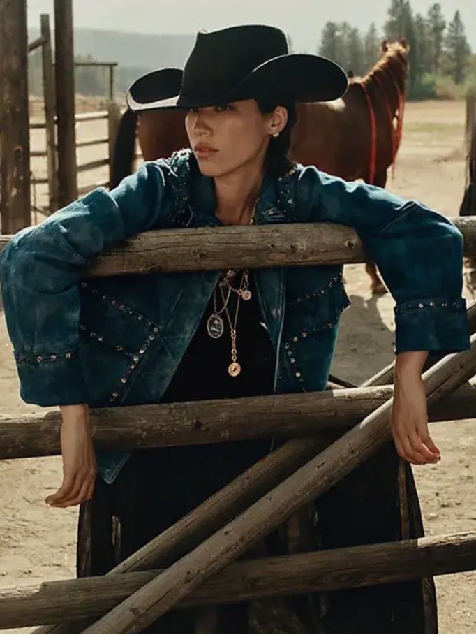 Free People Suzy Teal Studded Suede Western Jacket